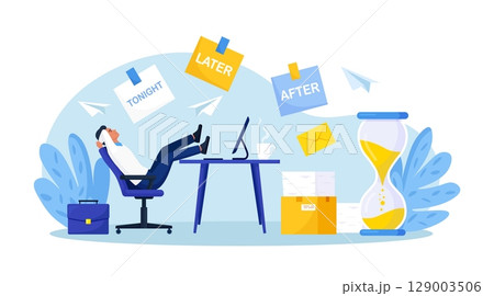 Procrastination or project deadline. Lazy businessman sitting with his legs on desk, dreaming and procrastinating instead of working. Productivity and efficiency in work. Resting office employee. Procrastination or project deadline. Lazy businessman sitting with his legs on desk, dreaming and procrastinating instead of working. Productivity and efficiency in work. Resting office employee. 129003506