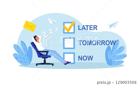 Procrastination or time management. Lazy employee sleeping postponing urgent tasks. Unproductive businessman dreaming and procrastinating instead of working. Do it later, postpone task to tomorrow Procrastination or time management. Lazy employee sleeping postponing urgent tasks. Unproductive businessman dreaming and procrastinating instead of working. Do it later, postpone task to tomorrow 129003508
