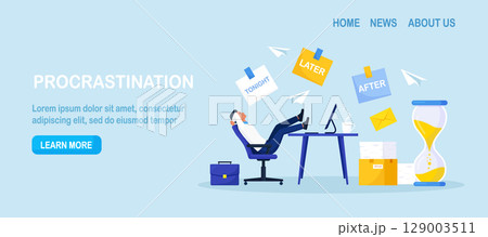 Procrastination or project deadline. Lazy businessman sitting with his legs on desk, dreaming and procrastinating instead of working. Productivity and efficiency in work. Resting office employee. 129003511
