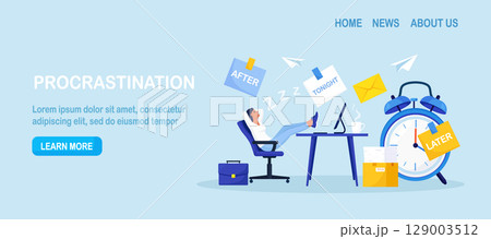 Procrastination or project deadline. Lazy business woman sitting with his legs on desk, dreaming and procrastinating instead of working. Productivity and efficiency in work. Resting office employee. 129003512