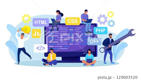Developing programming and coding technologies and engineering development. Programmer or developer create code. Computer screen with codes. Developer work with task, coding software using pc 129003520