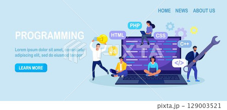 Developing programming and coding technologies and engineering development. Programmer or developer create code. Laptop screen with codes. Developer work with task, coding software using pc Developing programming and coding technologies and engineering development. Programmer or developer create code. Laptop screen with codes. Developer work with task, coding software using pc 129003521