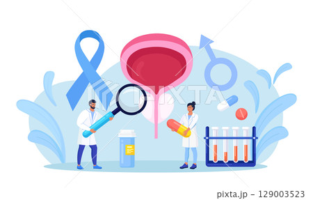 Prostate cancer. Urologist examines male genitourinary system. Diagnosis of prostatitis or sexual dysfunction. Andrologist engaged in prevention and treatment of prostate gland diseases. Vector design 129003523