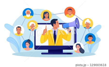 Refer a friend. Social media marketing, referral program. People share information with affiliate referrals and making money. Man tell his friends about action and all benefited 129003618