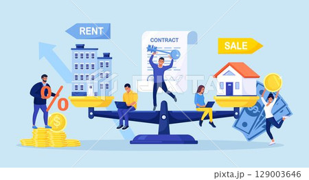 House and apartment on scales. People choosing between rent and sell property. Sale or rent apartment, buying house. Mortgage loan, real estate investment. Choice between selling and tenancy home 129003646