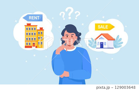 Woman choosing between rent and sell property. Rent apartment, buying house. Mortgage loan, real estate investment. Choice between selling and tenancy home. Home purchase dealing Woman choosing between rent and sell property. Rent apartment, buying house. Mortgage loan, real estate investment. Choice between selling and tenancy home. Home purchase dealing 129003648