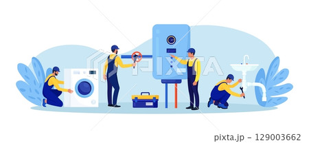 Repairmen in uniform repair electrical home appliance, water heater with tool. Professional workers with wrench. Home masters fixing broken technics, plumbing. Electrician plumber call. Repair service 129003662