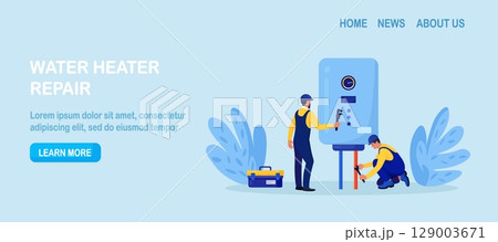 Plumber worker repairs broken water heater. Repairmen in uniform install boiler, appliance. Home maintenance and plumbing services. Handyman fixing plumbing problems. Repair of heating system 129003671