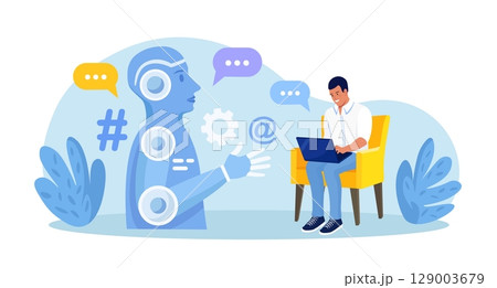 Chatbot conversation with clients. Chat bot chatting. Optimizing language models for dialogue. Artificial intelligence robot answer questions, generate refinement conversation, provide smart solution Chatbot conversation with clients. Chat bot chatting. Optimizing language models for dialogue. Artificial intelligence robot answer questions, generate refinement conversation, provide smart solution 129003679
