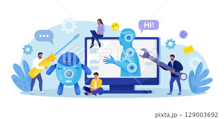Robotic process automation innovation technology. People develop chatbot with electronic tools, software. Artificial Intelligence in marketing. FAQ. Chat bot virtual assistant. Customer support Robotic process automation innovation technology. People develop chatbot with electronic tools, software. Artificial Intelligence in marketing. FAQ. Chat bot virtual assistant. Customer support 129003692