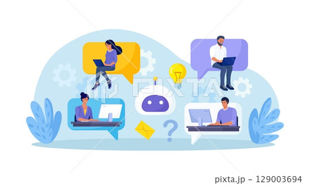 Customers talking with chatbot. People chatting with robot, asking questions and receiving answers. Artificial Intelligence in marketing. FAQ. Chat bot virtual assistant. Customer support Customers talking with chatbot. People chatting with robot, asking questions and receiving answers. Artificial Intelligence in marketing. FAQ. Chat bot virtual assistant. Customer support 129003694