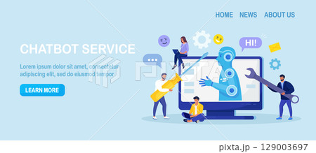 Robotic process automation innovation technology. People develop chatbot with electronic tools, software. Artificial Intelligence in marketing. FAQ. Chat bot virtual assistant. Customer support 129003697