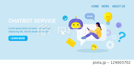 Customer talking with chatbot. Person chatting with robot, asking questions and receiving answers. Artificial Intelligence in marketing. FAQ. Chat bot virtual assistant. Customer support 129003702