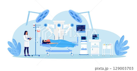 Robotic surgery. Surgeon controlling, manipulating robot arm. Innovative medicine. Medical staff performing operation on patient with help of robotic, automated equipment. Innovation surgical process Robotic surgery. Surgeon controlling, manipulating robot arm. Innovative medicine. Medical staff performing operation on patient with help of robotic, automated equipment. Innovation surgical process 129003703