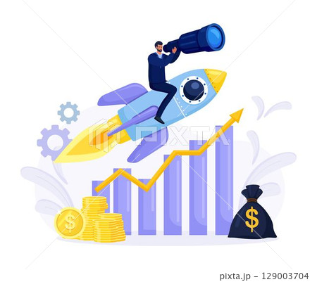 Businessman sitting on Flying Rocket, Spaceship or Spacecraft. Character Looking Through Spyglass. New Business Project Launching, Successful Start Up. Innovation Idea Research 129003704