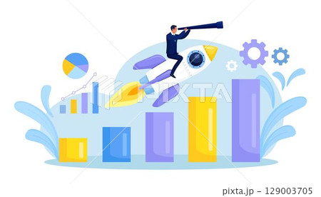 Businessman sitting on Flying Rocket, Spaceship or Spacecraft. Character Looking Through Spyglass. New Business Project Launching, Successful Start Up. Innovation Idea Research Businessman sitting on Flying Rocket, Spaceship or Spacecraft. Character Looking Through Spyglass. New Business Project Launching, Successful Start Up. Innovation Idea Research 129003705
