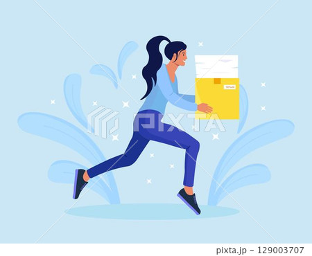 Businesswoman is fast running with documents in carton box. Time is money. Busy stressed woman rushing hurry to get on time. Work problem, deadline fail, overtime job. 129003707