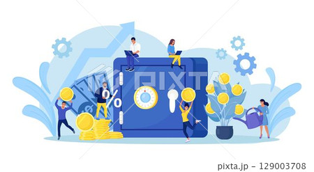 Safe with dollar banknotes, coins in deposit box. Business people investing money on bank account. Cash protection, savings in moneybox. Financial saving insurance concept 129003708