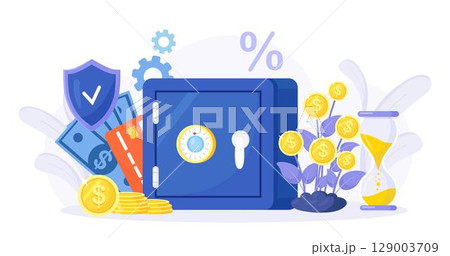 Closed safe box with stack of coins, money tree, hourglass, shield. Bank vault security, deposit storage, cash safety safebox. Savings protection Closed safe box with stack of coins, money tree, hourglass, shield. Bank vault security, deposit storage, cash safety safebox. Savings protection 129003709