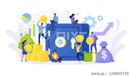 Safe with dollar banknotes, coins in deposit box. Business people investing money on bank account. Cash protection, savings in moneybox. Financial saving insurance concept Safe with dollar banknotes, coins in deposit box. Business people investing money on bank account. Cash protection, savings in moneybox. Financial saving insurance concept 129003710