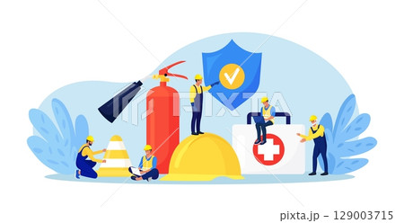 OSHA concept. Occupational safety regulations and health inspection. Government service protecting safety at job. Worker security protection policy. Caution regulation document for trauma prevention 129003715