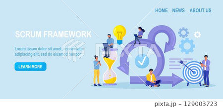 Scrum Framework concept. Scrum process diagram as agile software development scheme. Team discussing tasks at Kanban board and working on laptop. Business meeting. Project management work cycle 129003723