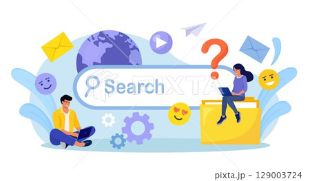 People Use Search Bar. Searching Information in Internet, Communication in Social Network. Characters Using Phone and Laptop for Searching Info in Web Browser. Search Engine Optimization and Analytics People Use Search Bar. Searching Information in Internet, Communication in Social Network. Characters Using Phone and Laptop for Searching Info in Web Browser. Search Engine Optimization and Analytics 129003724
