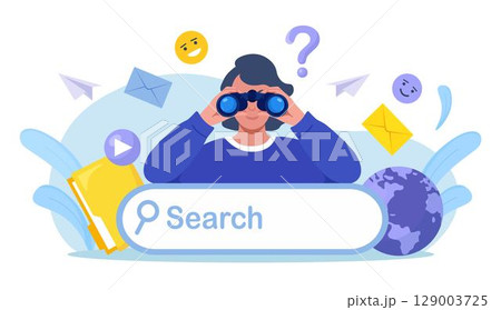 Woman looking for new business or career opportunities. Person looking into future choosing direction of development. Curious characters looking through binoculars. Business research, web surfing Woman looking for new business or career opportunities. Person looking into future choosing direction of development. Curious characters looking through binoculars. Business research, web surfing 129003725
