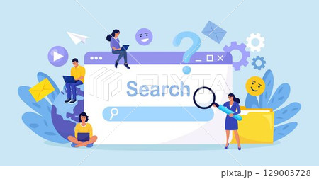 People Use Search Bar. Searching Information in Internet, Communication in Social Network. Characters Using Phone and Laptop for Searching Info in Web Browser. Search Engine Optimization and Analytics 129003728