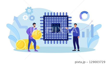 Semiconductor shortage. Businessman gives dollar coins for microchip. Computer chip supply chain shortage due, electronics manufacturing problem. Buyer pay high price for micro CPU. Vector design 129003729