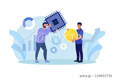 Semiconductor shortage. Businessman gives dollar coins for microchip. Computer chip supply chain shortage due, electronics manufacturing problem. Buyer pay high price for micro CPU 129003730