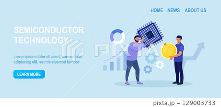 Semiconductor shortage. Businessman gives dollar coins for microchip. Computer chip supply chain shortage due, electronics manufacturing problem. Buyer pay high price for micro CPU. Vector design 129003733