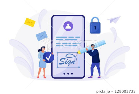 Businessman signing contract with digital pen on phone screen. Electronic contract with digital signature. Businessmen make online deal with e-signature. Agreement conclusion, business partnership Businessman signing contract with digital pen on phone screen. Electronic contract with digital signature. Businessmen make online deal with e-signature. Agreement conclusion, business partnership 129003735