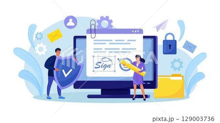 Business woman signing contract with digital pen on computer. Electronic contract with digital signature. Businessmen make online deal with e-signature. Safe agreement conclusion, business partnership 129003736