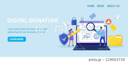 Business woman signing contract with digital pen on laptop. Electronic contract with digital signature. Businessmen make online deal with e-signature. Safe agreement conclusion, business partnership Business woman signing contract with digital pen on laptop. Electronic contract with digital signature. Businessmen make online deal with e-signature. Safe agreement conclusion, business partnership 129003738