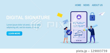 Businessman signing contract with digital pen on phone screen. Electronic contract with digital signature. Businessmen make online deal with e-signature. Agreement conclusion, business partnership 129003739