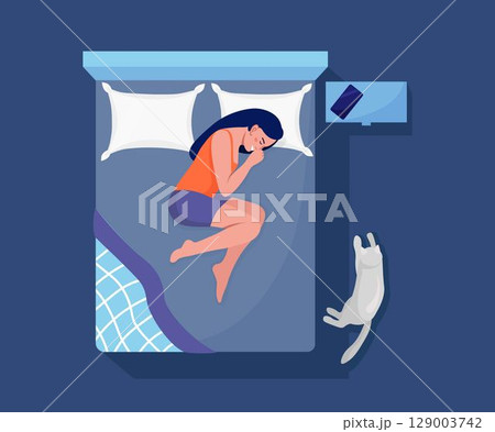Woman sleeping at night with book and cat. Girl sleep in bed on pillow under duvet. Peaceful dream and relax. Resting time and comfortable relaxation. Sweet dreams, good health Woman sleeping at night with book and cat. Girl sleep in bed on pillow under duvet. Peaceful dream and relax. Resting time and comfortable relaxation. Sweet dreams, good health 129003742