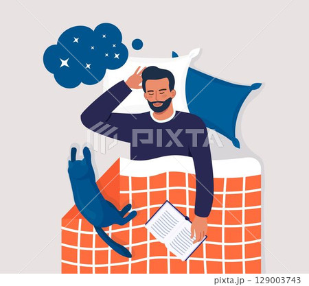 Man sleeping at night with book and cat. Person sleep in bed on pillow under duvet. Peaceful dream and relax. Resting time and comfortable relaxation. Sweet dreams, good health Man sleeping at night with book and cat. Person sleep in bed on pillow under duvet. Peaceful dream and relax. Resting time and comfortable relaxation. Sweet dreams, good health 129003743