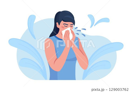 Female character sneezing, coughing in tissue. Prevention against virus, infection. Sick woman sneeze in handkerchief to prevent germs from flying from their mouths. Season allergy. Virus protection 129003762
