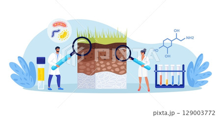 Soil analysis, earth pollution. Scientists study of composition of substances in ground layer structure sample. People research soil nutrients, microorganism in laboratory. Bioengineering, chemistry 129003772
