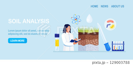 Soil analysis, earth pollution. Scientists study of composition of substances in ground layer structure sample. Woman research soil nutrients, microorganism in laboratory. Bioengineering, chemistry 129003788