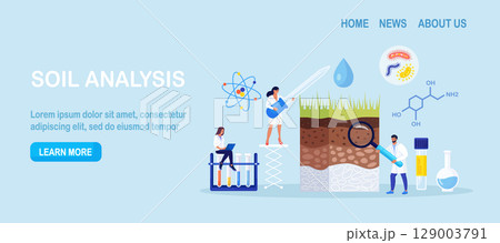 Soil analysis, earth pollution. Scientists study of composition of substances in ground layer structure sample. People research soil nutrients, microorganism in laboratory. Bioengineering, chemistry Soil analysis, earth pollution. Scientists study of composition of substances in ground layer structure sample. People research soil nutrients, microorganism in laboratory. Bioengineering, chemistry 129003791