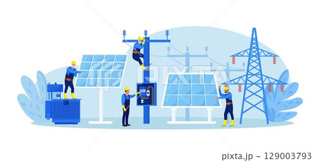 People install, configure solar panel system. Utility workers repairing electric installations, power lines. Green renewable energy, global warming, environment. Generate energy equipment maintenance 129003793
