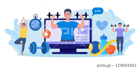 Online sport lesson and fitness course on computer screen. Sportive man training at home with sport equipment. Cardio, yoga and bodybuilding classes. Trainer conducts strength training using website 129003802