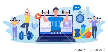 Online sport lesson and fitness course on laptop screen. Sportive man training at home with sport equipment. Cardio, yoga and bodybuilding classes. Trainer conducts strength training using website 129003803