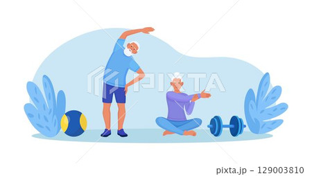 Senior couple doing fitness exercises, yoga at home, practicing meditation. Grandparents doing sport workout. Physical activity and health care for elderly people. Stretching, lotus pose Senior couple doing fitness exercises, yoga at home, practicing meditation. Grandparents doing sport workout. Physical activity and health care for elderly people. Stretching, lotus pose 129003810