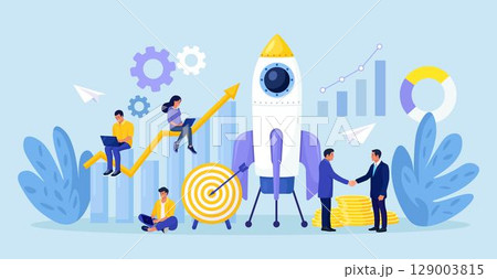 Successful startup launch. Space rocket flies up with graphs charts and diagram on background. Tiny businessmen developing business project with new ideas, vision, growth strategy, innovation 129003815