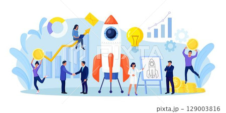 Successful startup launch. Space rocket flies up with graphs charts and diagram on background. Tiny businessmen developing business project with new ideas, vision, growth strategy, innovation 129003816