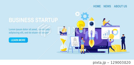 Successful startup launch. Space rocket flies up with graphs charts and diagram on computer screen. Tiny businessmen developing business project with new ideas, vision, growth strategy, innovation 129003820