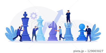 Businessmen playing giant chess and try to find strategic position for business goal. People planning, thinking, discussing strategy, tactics. Successful teamwork, negotiation. Competition, leadership 129003827